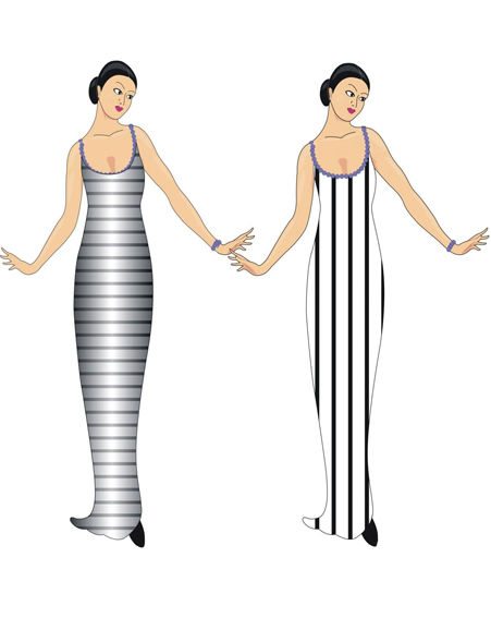 Dodgy study that 'makes' the horizontal look more slimming by the addition of vertical shading to the outside of the dress with horizontal stripes