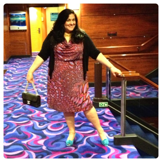 Lisa wearing the Cowl neck dress on Vacation