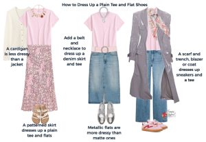 how to dress up a plain tee and flat shoes