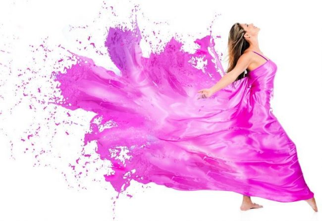 Happy woman in pink paint dress – isolated over white background rit dying guide, procion dying guide, mixing colours, overdying