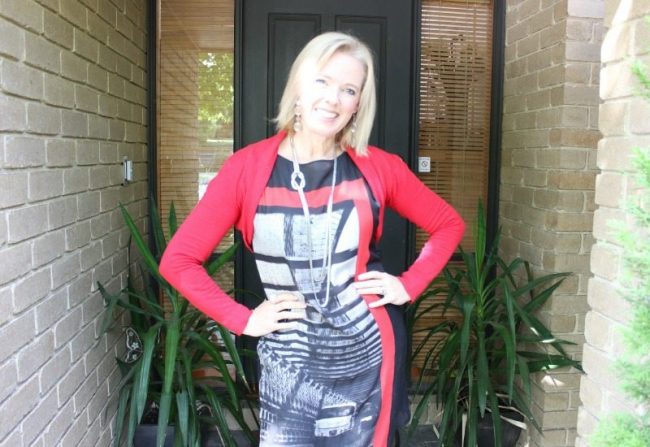 wearing leggings and a tunic