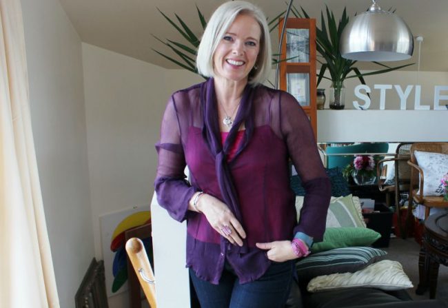 Sheer purple shirt with pink cami