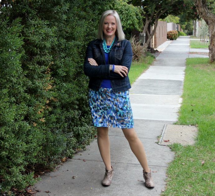 blue patterned skirt and denim jacket