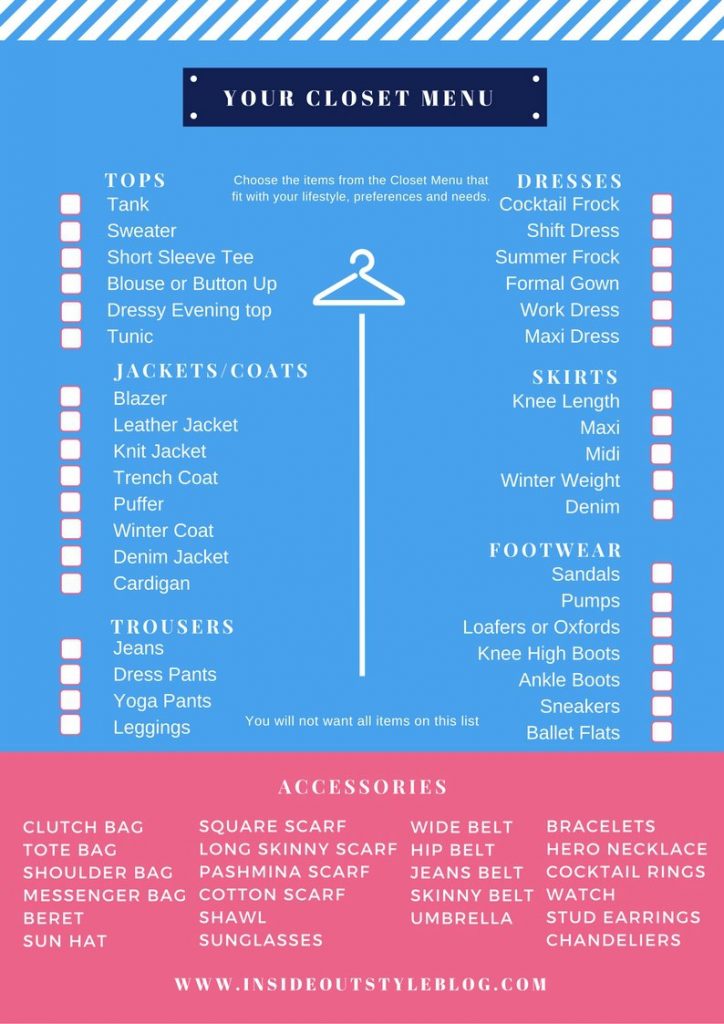 Your closet menu - discover some of the items you may need in your closet with this downloadable printed checklist