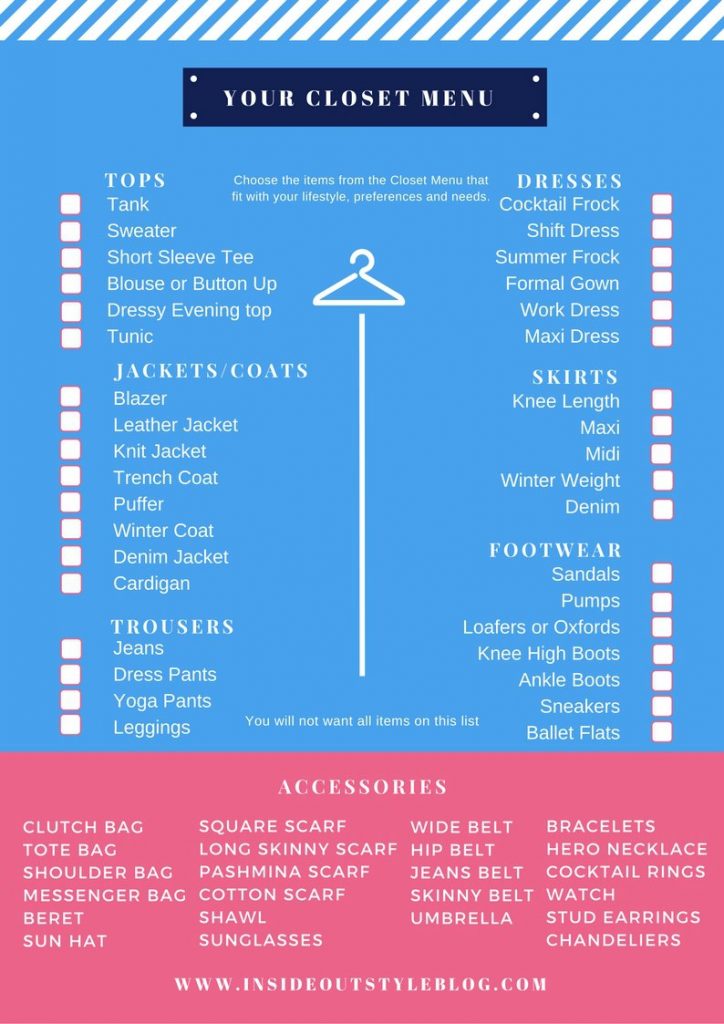 Your closet menu - discover some items you may need in your closet with this downloadable print checklist