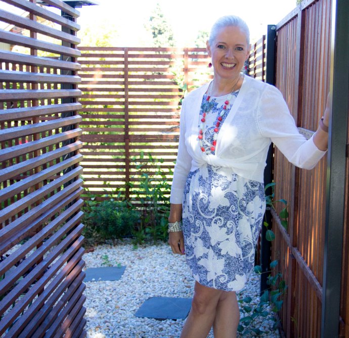 blue dress with white cardigan