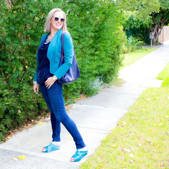 Blue and teal outfit demonstrating inner column of colour