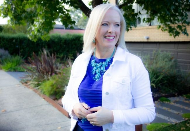wardrobe transitions Woman wearing white denim jacket and purple top