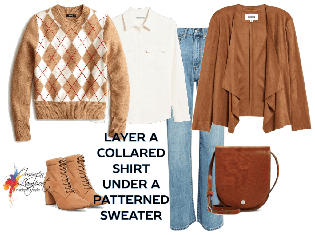 How to Layer - layer a collared shirt under a crew neck patterned sweater