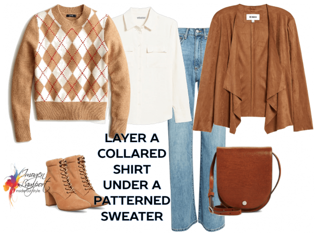 layer a collared shirt How to Layer - layer a collared shirt under a crew neck patterned sweater