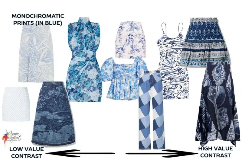 Monochromatic prints in blue and their value contrast