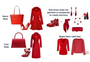 Tips on wearing red - figuring out warm v cool red as well as the difference in intensity - bright v muted or soft, and how to wear red shoes and create a harmonious outfit using accessories