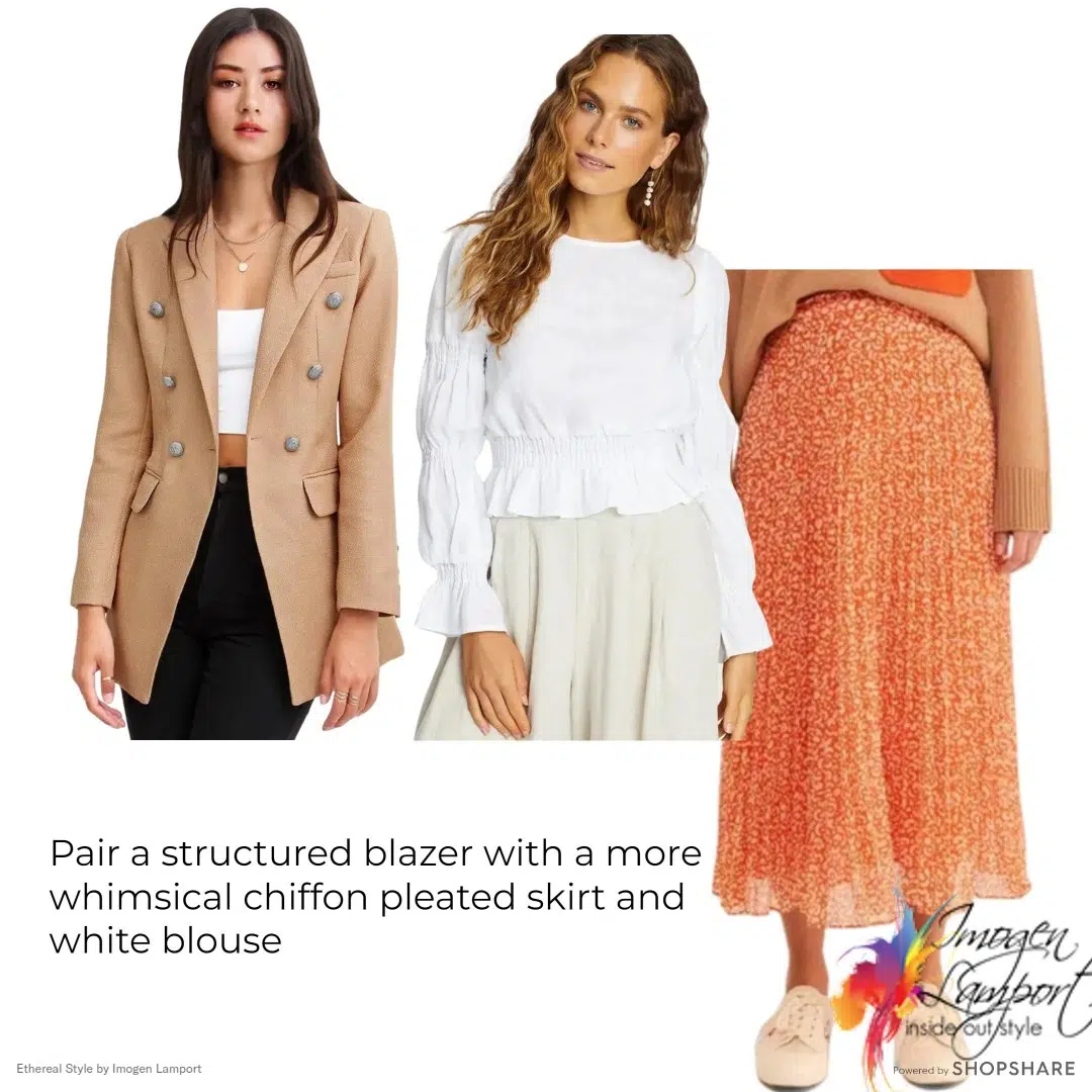 Chiffon pleated skirt with a structured blazer and white shirt
