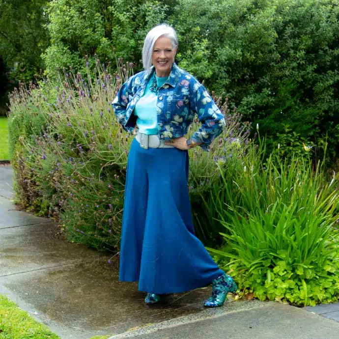 Teal ultra wide leg pants with butterfly jacket - does anything here say Grey Marle Hoodie?