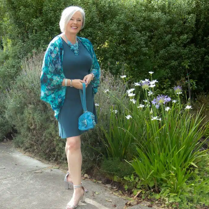 Silk kimono in teal with teal dress that moves with movement