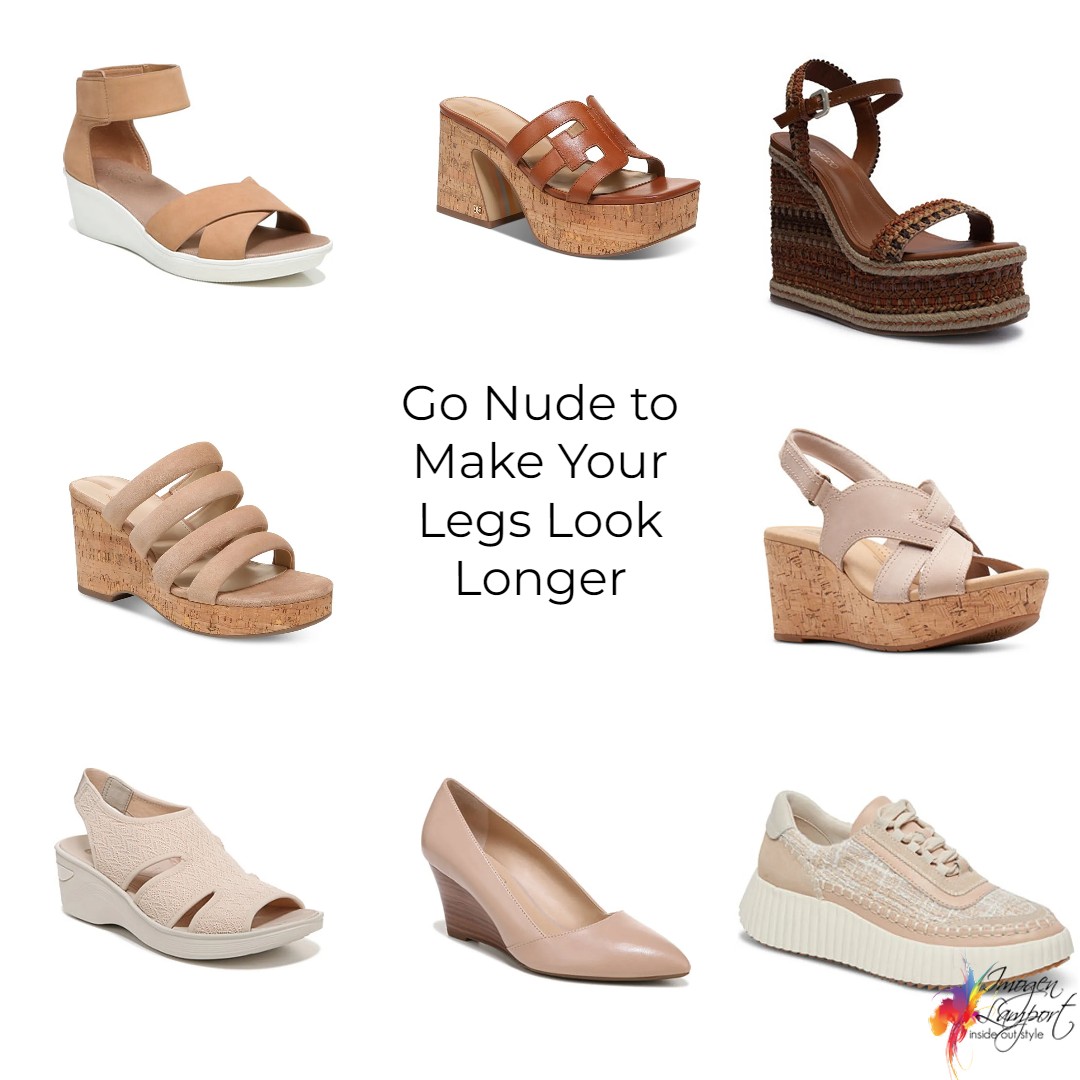 Choose nude shoe colours to make legs look longer when wearing skirts and dresses (no hosiery)