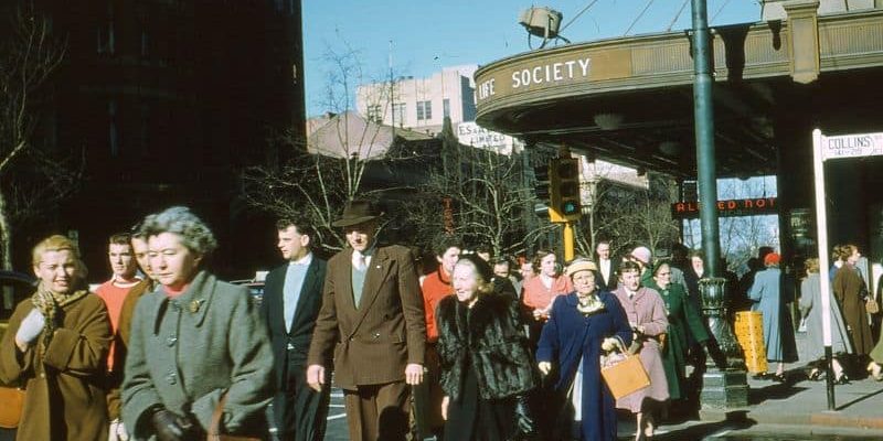 Cnr Exhibition and COllins St Melbourne 1958 photo credit Anton Cook