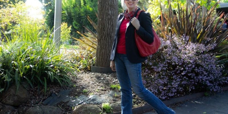 Pair your classic navy pinstripe jacket with jeans and a statement necklace