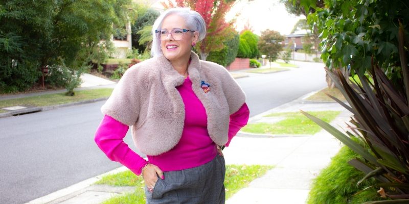 Making classic modern - classic pant with a blouse and faux fur shrug