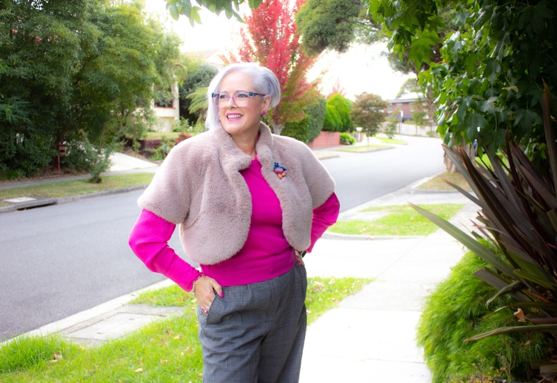 classic pant with a blouse and faux fur shrug Making classic modern - classic pant with a blouse and faux fur shrug