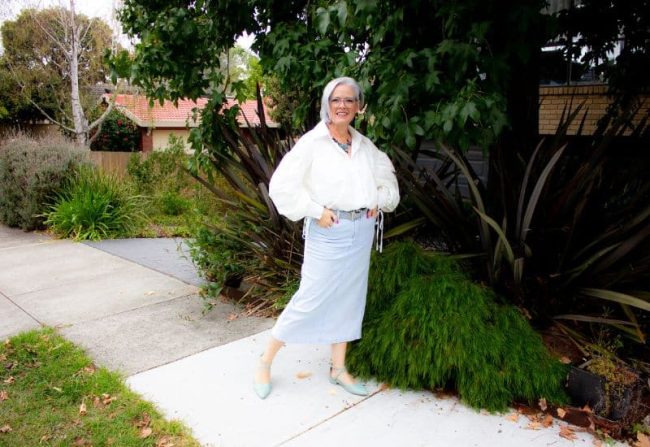 Smart casual – collared shirt with denim skirt and flats Smart casual - collared shirt with denim skirt and flats