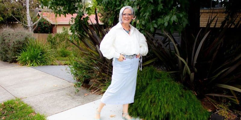 Smart casual - collared shirt with denim skirt and flats
