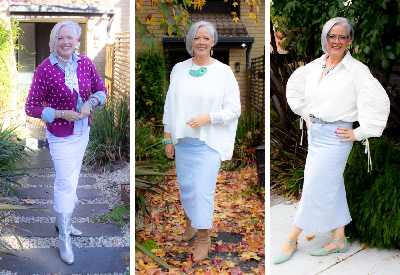 shop your closet and create multiple outfits from teh same garments - denim skirt 3 ways