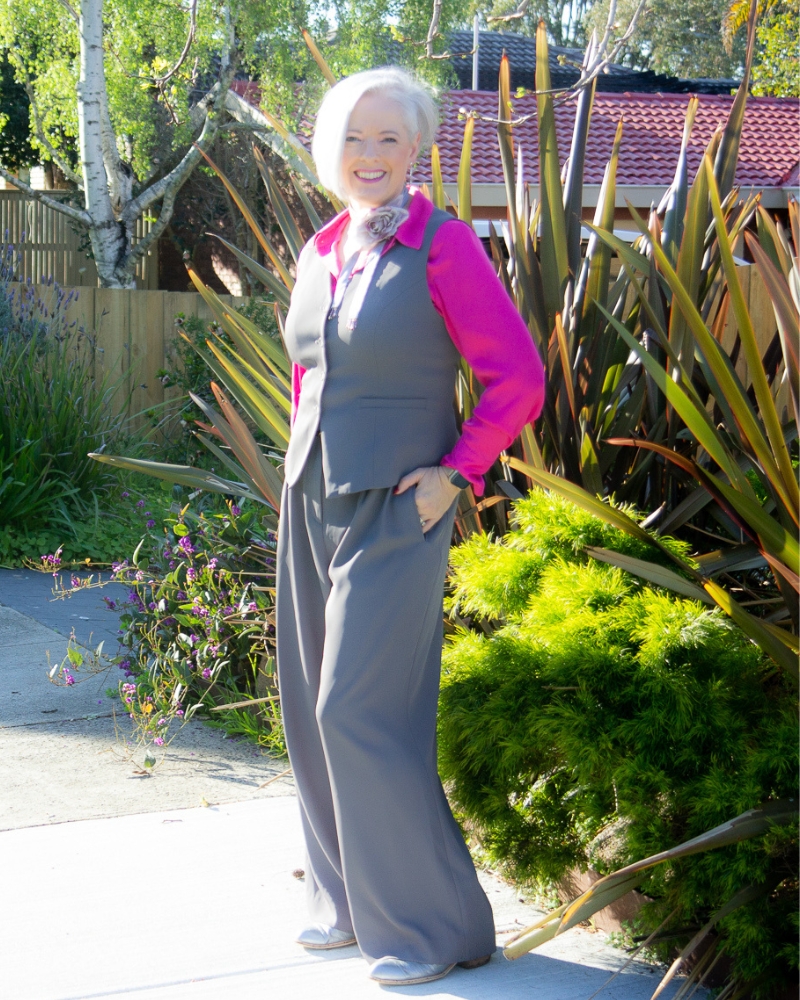 A satin blouse and a soft tailored pant suit