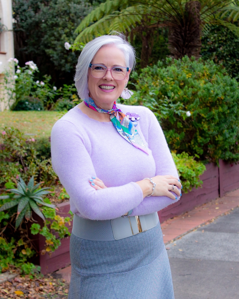 pastels work well with your grey work pants or skirts for a feminine look