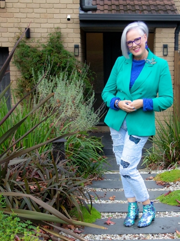 Green jacket cobalt top sashiko jeans